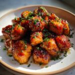 Close-up of glistening Honey Butter Garlic Salmon Bites piled high and garnished with fresh parsley.