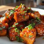 Close-up of glistening Honey Butter Garlic Salmon Bites coated in a rich glaze and sprinkled with fresh parsley.