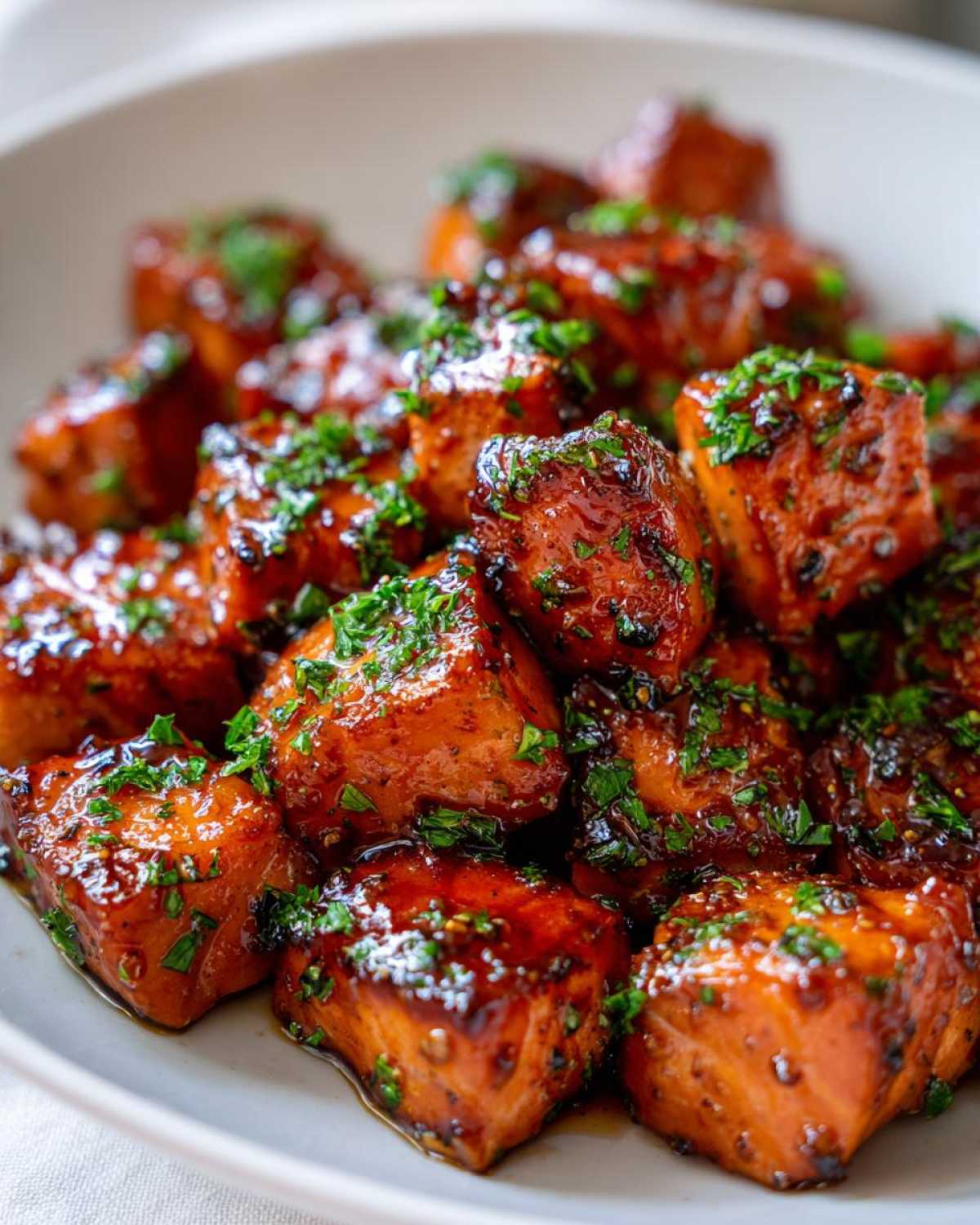 Close-up of glistening Honey Butter Garlic Salmon Bites coated in a dark glaze and sprinkled with fresh parsley.