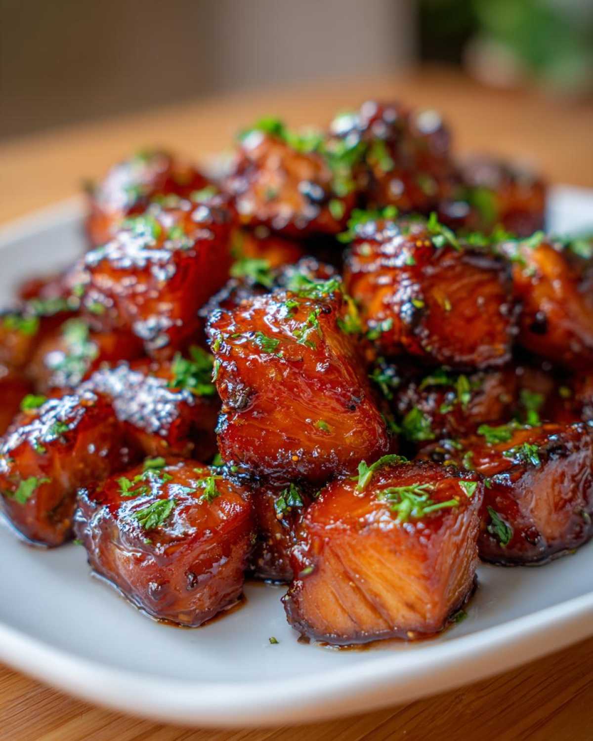 Close-up of glistening Honey Butter Garlic Salmon Bites, cubed and topped with fresh parsley, served on a white plate.