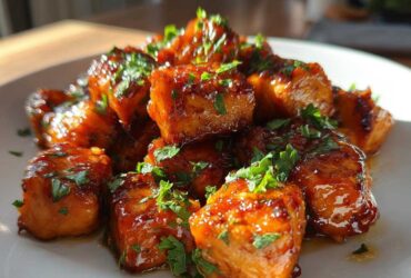Close-up of glistening Honey Butter Garlic Salmon Bites coated in a rich glaze and sprinkled with fresh parsley.