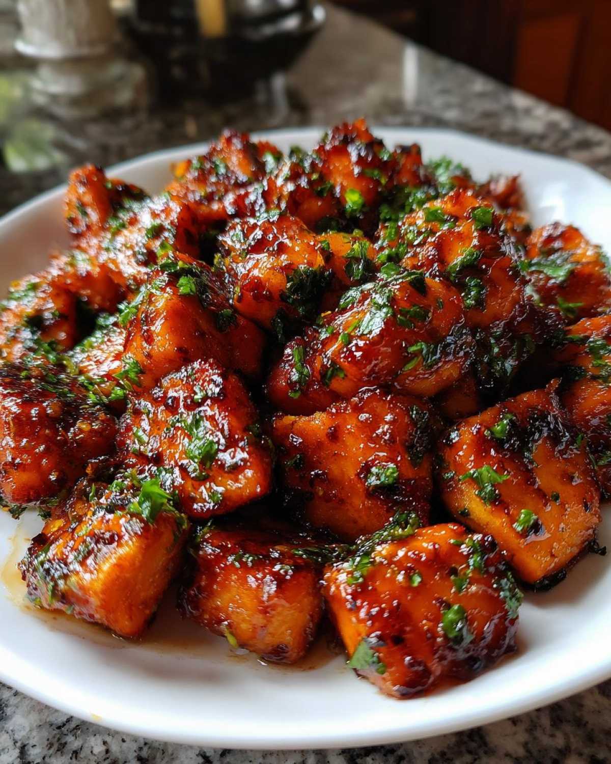 Close-up of glistening Honey Butter Garlic Salmon Bites coated in a rich glaze and sprinkled with fresh parsley.
