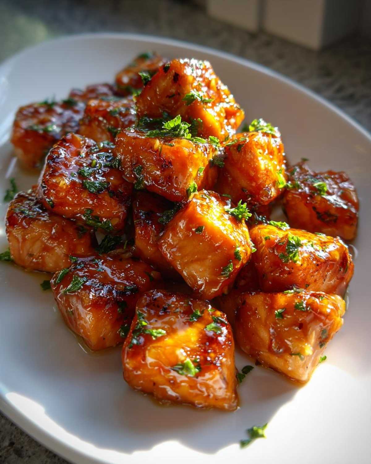 A pile of glistening Honey Butter Garlic Salmon Bites, glazed and topped with fresh parsley, served on a white plate.