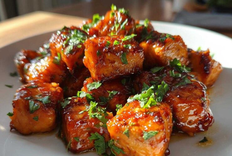 Close-up of glistening Honey Butter Garlic Salmon Bites coated in a rich glaze and sprinkled with fresh parsley.