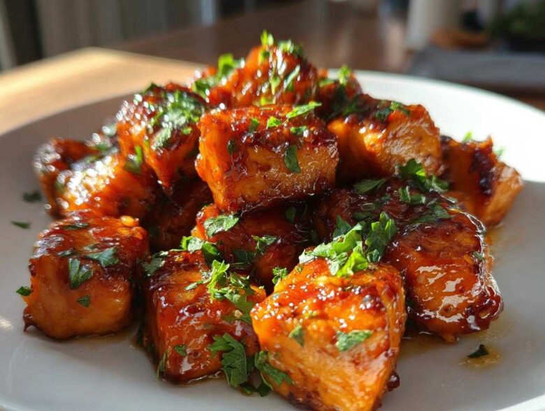Close-up of glistening Honey Butter Garlic Salmon Bites coated in a rich glaze and sprinkled with fresh parsley.