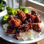 Close-up of Honey Garlic Chicken Bites glazed with sauce and sesame seeds, served over white rice with steamed broccoli.
