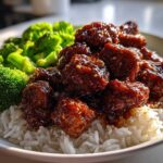 Close-up of Honey Garlic Chicken Bites coated in a dark glaze, served over white rice with bright green steamed broccoli.