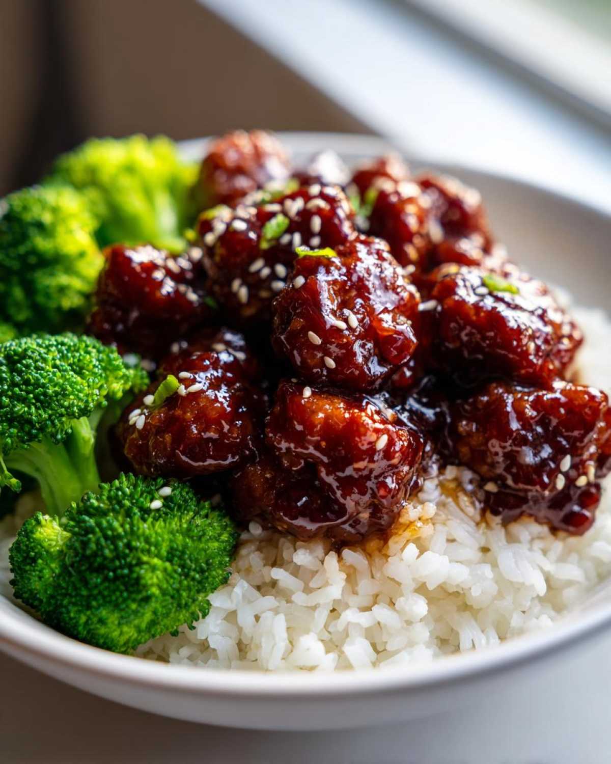 Close-up of Honey Garlic Chicken Bites glazed in sauce, served over white rice with steamed broccoli florets.