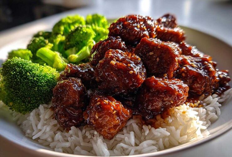 Close-up of Honey Garlic Chicken Bites coated in a dark glaze, served over white rice with bright green steamed broccoli.