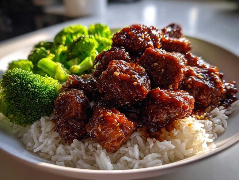 Close-up of Honey Garlic Chicken Bites coated in a dark glaze, served over white rice with bright green steamed broccoli.