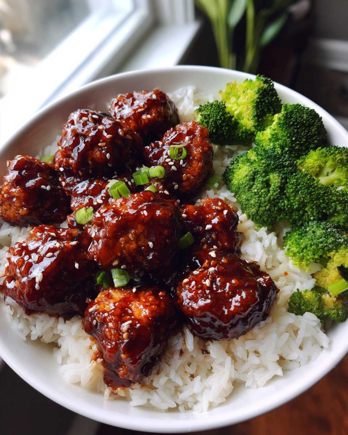 Close-up of Honey Garlic Chicken Bites glazed in sauce, served over white rice with steamed broccoli.