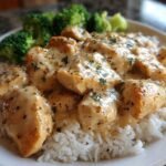 Close-up of Honey Garlic Chicken Bowl featuring chicken pieces smothered in creamy sauce over white rice with steamed broccoli.