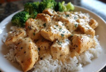 Close-up of Honey Garlic Chicken Bowl featuring chicken pieces smothered in creamy sauce over white rice with steamed broccoli.