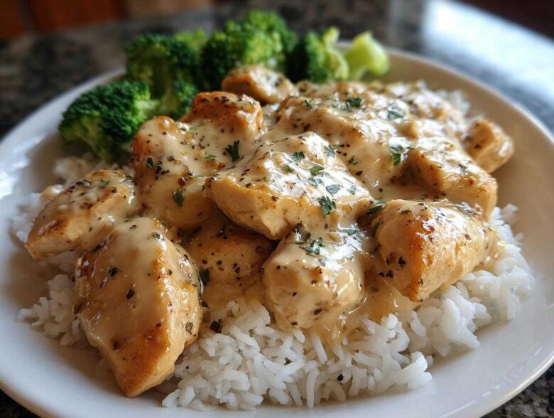 Close-up of Honey Garlic Chicken Bowl featuring chicken pieces smothered in creamy sauce over white rice with steamed broccoli.