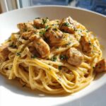 Close-up of a bowl of Honey Garlic Chicken Pasta with Cream Sauce, topped with diced chicken and parsley.