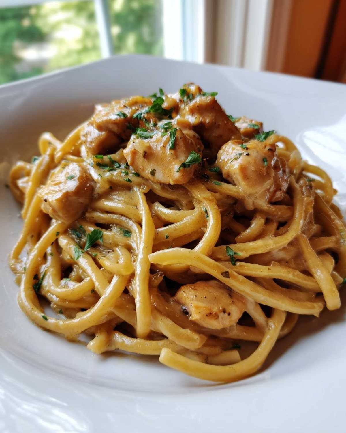 Close-up of Honey Garlic Chicken Pasta with Cream Sauce tossed with thick noodles and topped with parsley.