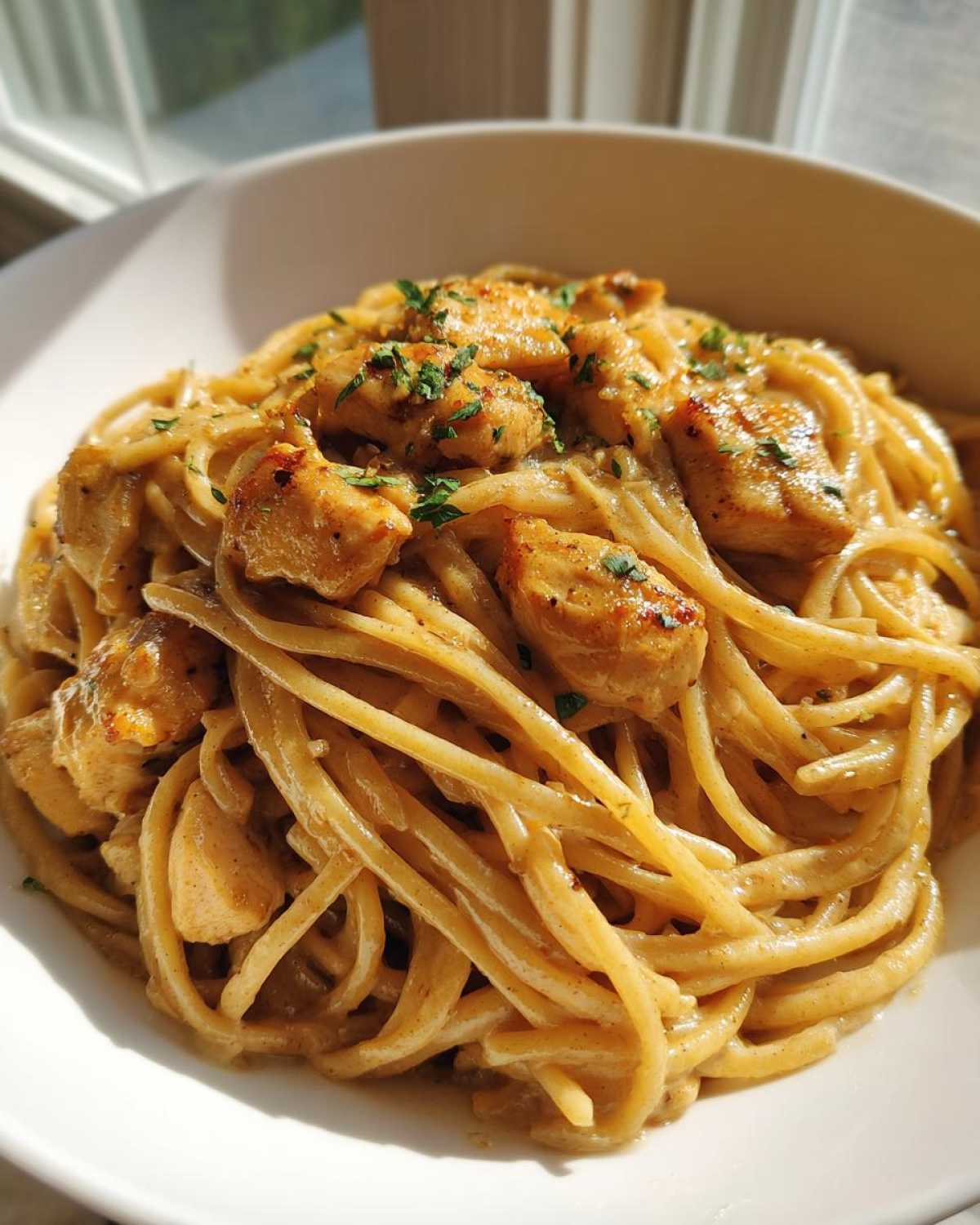Close-up of Honey Garlic Chicken Pasta with Cream Sauce tossed with spaghetti and topped with parsley.