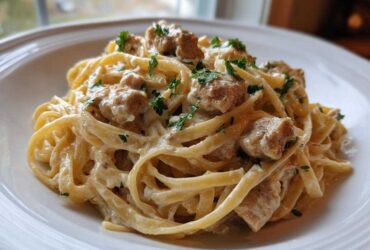 A close-up of creamy Honey Garlic Chicken Pasta featuring fettuccine noodles, chunks of chicken, and a light garnish of parsley.