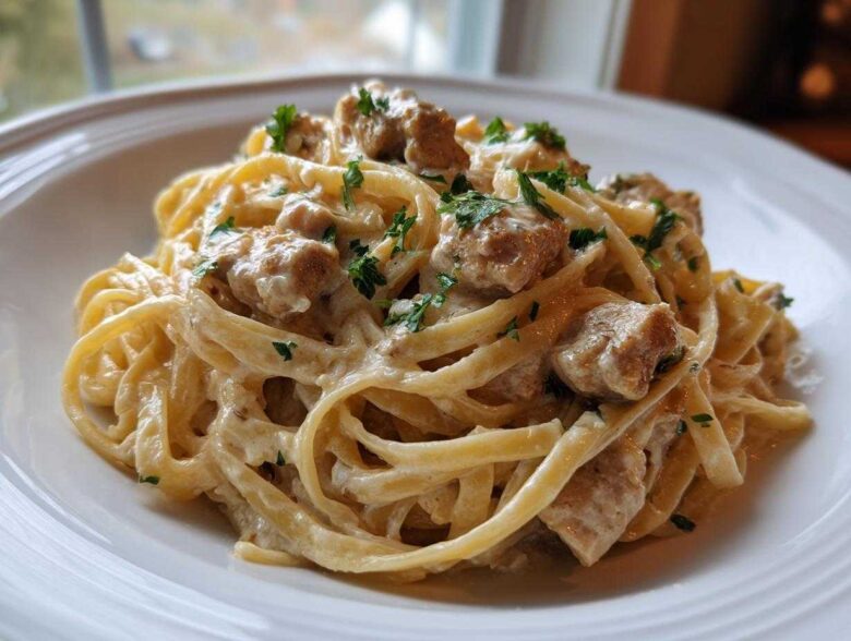 A close-up of creamy Honey Garlic Chicken Pasta featuring fettuccine noodles, chunks of chicken, and a light garnish of parsley.