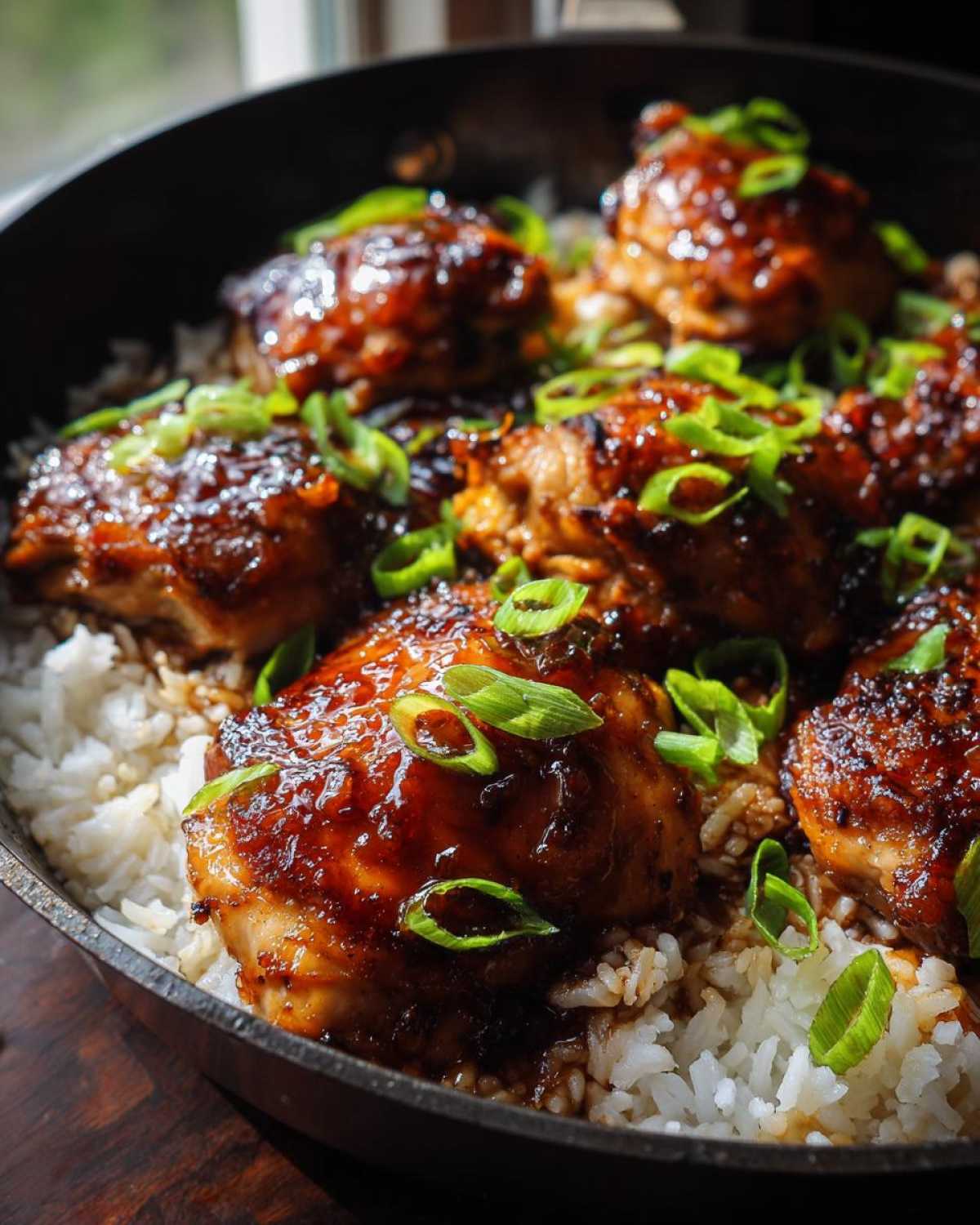 Close-up of glossy, glazed Honey Garlic Chicken Skillet pieces served over white rice and garnished with sliced green onions.