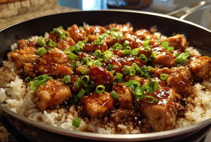 Close-up of Honey Garlic Chicken Skillet with Rice, topped with green onions and sesame seeds.