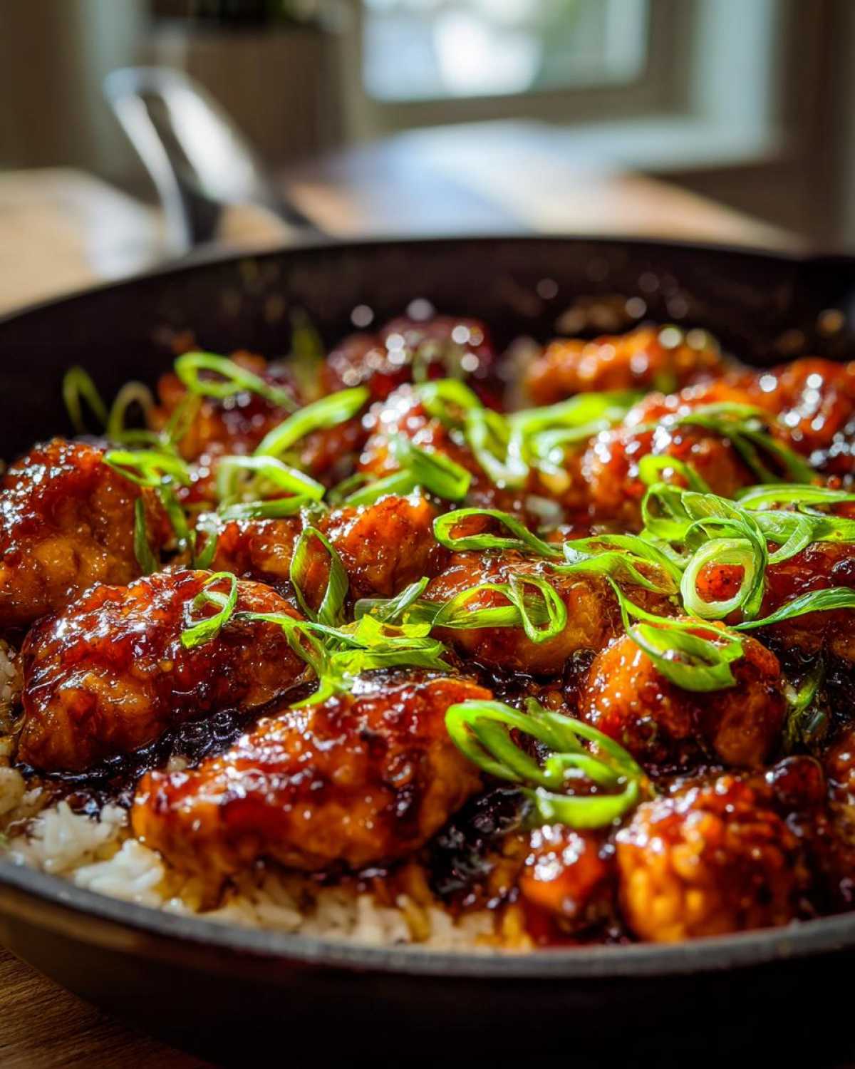 Close-up of glazed Honey Garlic Chicken Skillet with Rice topped with fresh green onions.