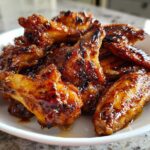 A pile of glossy, caramelized Honey Garlic Chicken Wings Crispy Oven Baked served in a white bowl.
