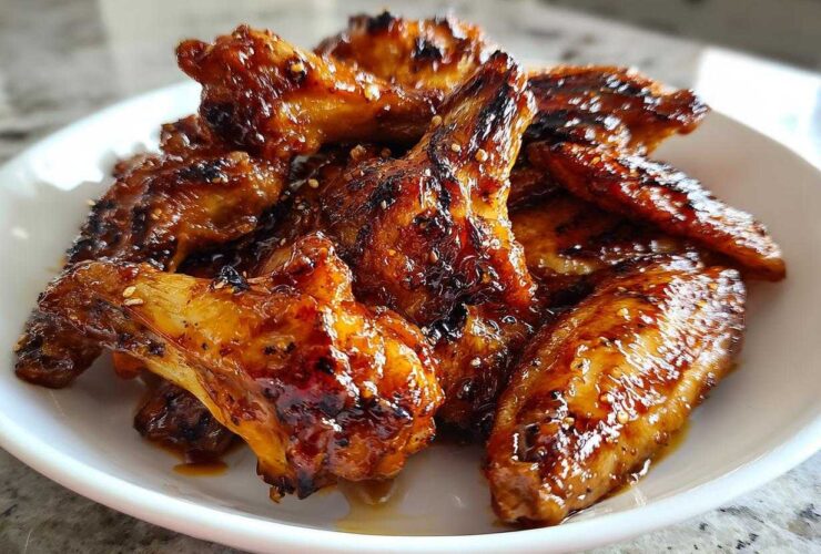 A pile of glossy, caramelized Honey Garlic Chicken Wings Crispy Oven Baked served in a white bowl.