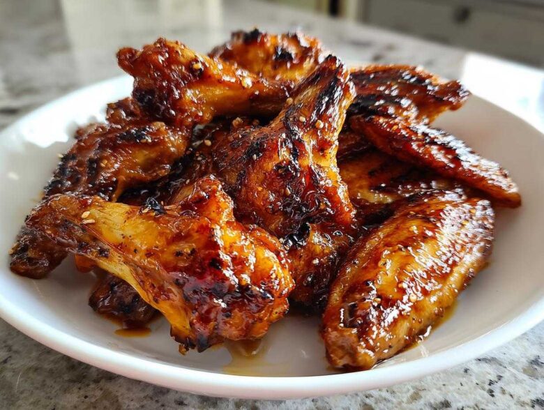 A pile of glossy, caramelized Honey Garlic Chicken Wings Crispy Oven Baked served in a white bowl.