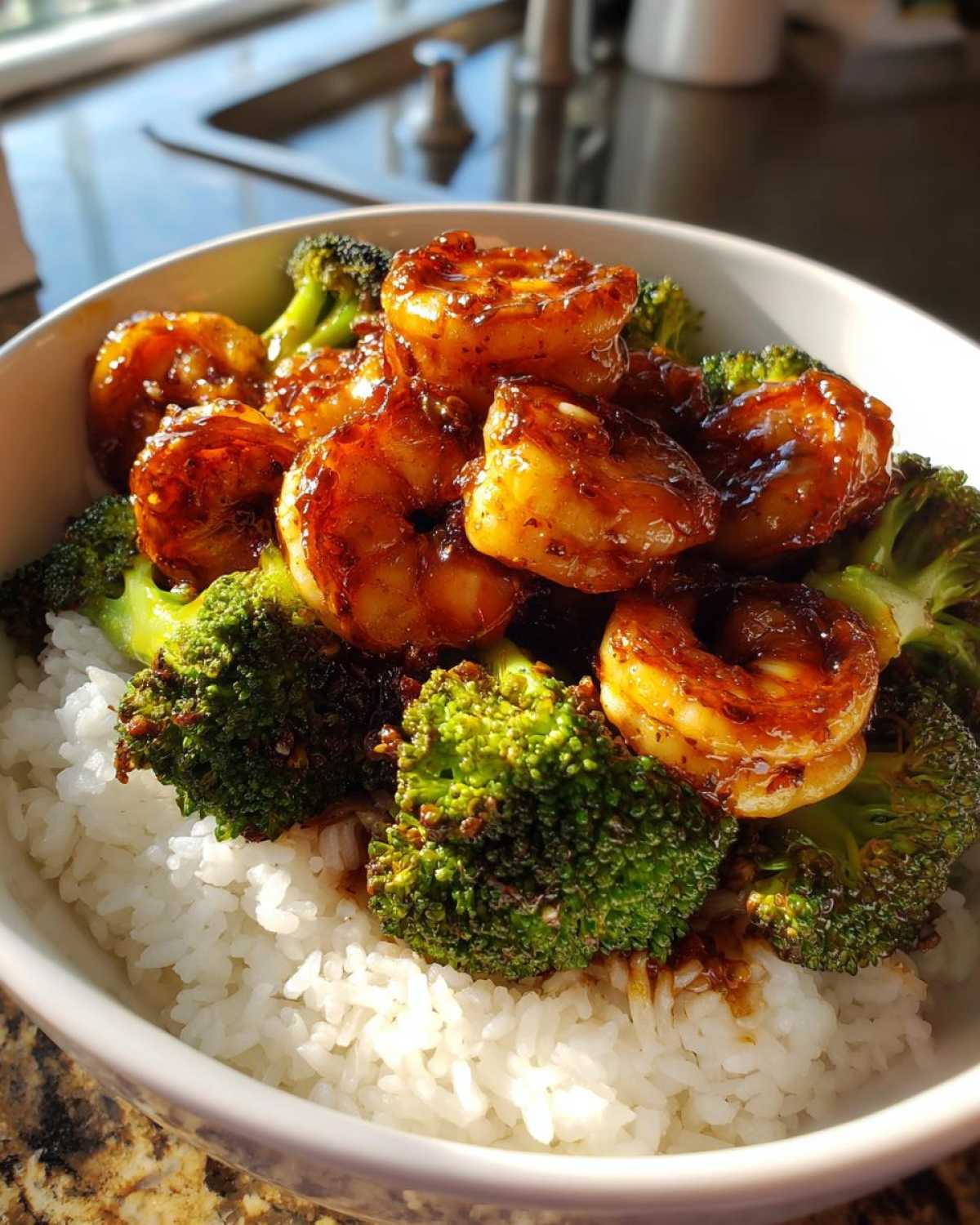 Close-up of a Honey Garlic Shrimp Bowl featuring glazed shrimp, bright green broccoli florets, served over white rice.
