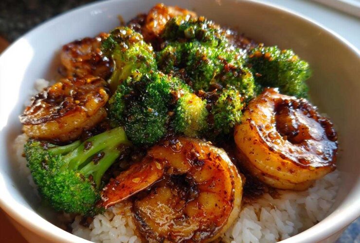 Close-up of a Honey Garlic Shrimp Bowl Quick Dinner featuring glazed shrimp and bright green broccoli over white rice.