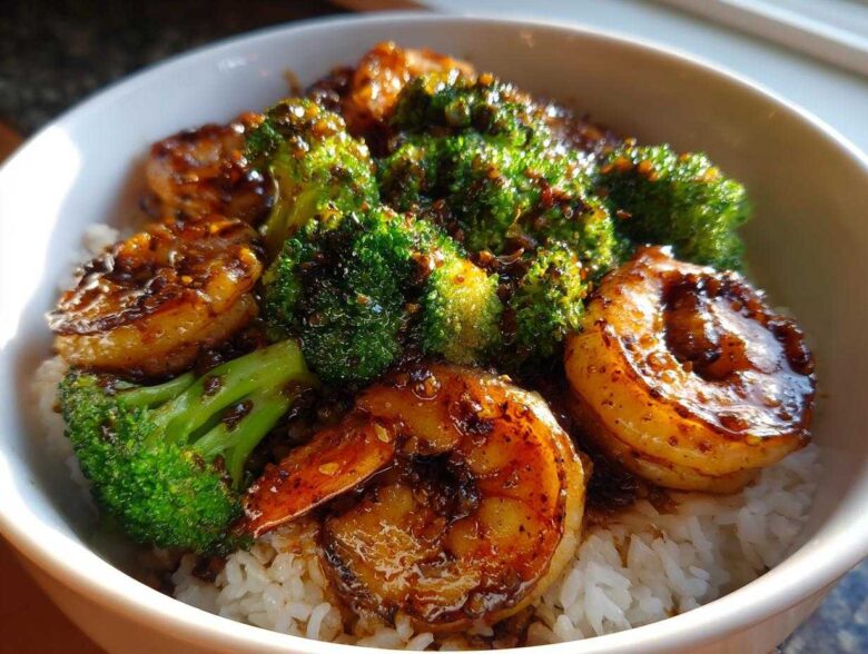 Close-up of a Honey Garlic Shrimp Bowl Quick Dinner featuring glazed shrimp and bright green broccoli over white rice.