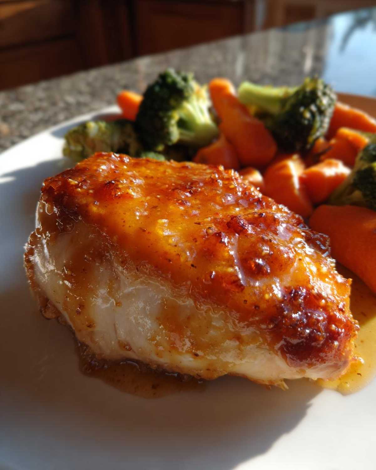 A close-up of a juicy chicken breast covered in thick, glistening honey mustard glaze, served with steamed carrots and broccoli.
