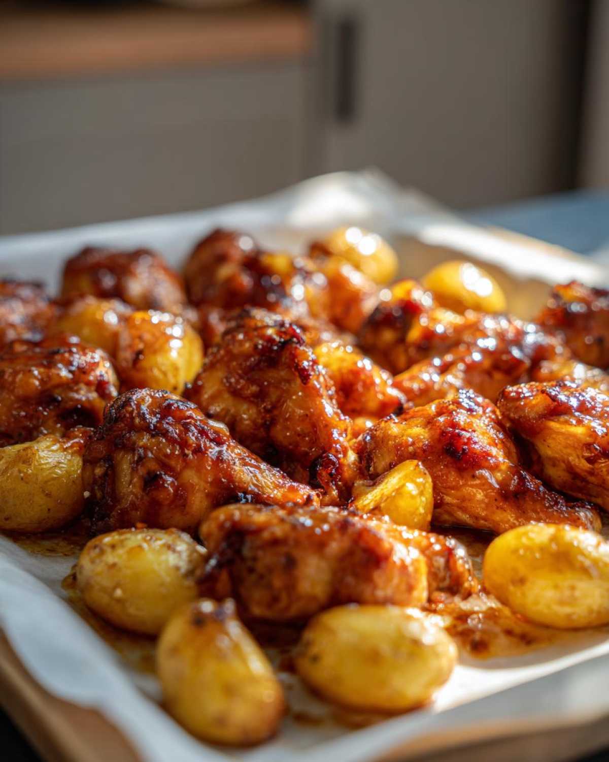 Close-up of glossy, baked chicken pieces and small roasted potatoes from the Honey Mustard Chicken Bake with Potatoes.