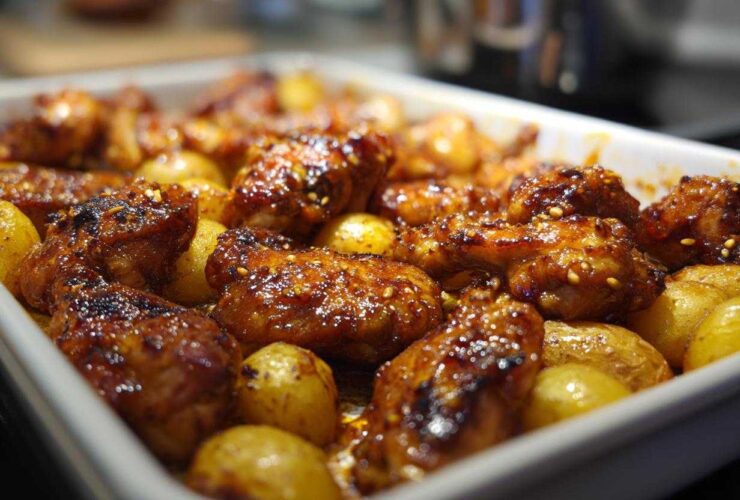 Close-up of glossy, baked chicken pieces coated in honey mustard glaze nestled among roasted potatoes in a white baking dish.