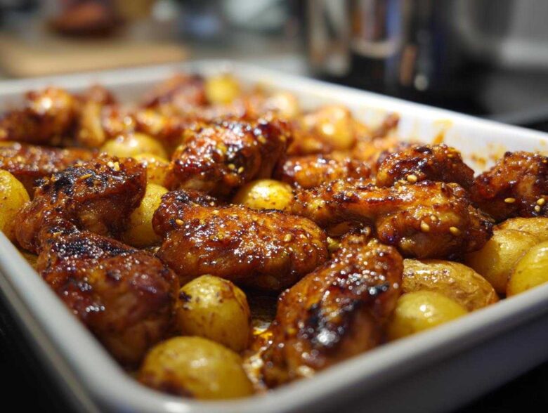 Close-up of glossy, baked chicken pieces coated in honey mustard glaze nestled among roasted potatoes in a white baking dish.