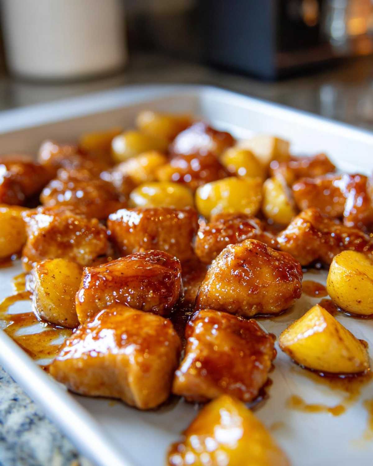 Close-up of cubed chicken and potatoes coated in a thick, glossy honey mustard glaze on a baking sheet.