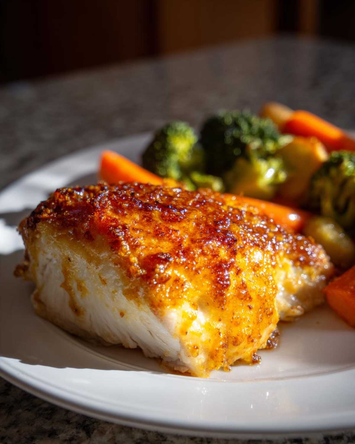 Close-up of a juicy Honey Mustard Chicken Bake with a caramelized glaze, served alongside roasted broccoli and carrots.