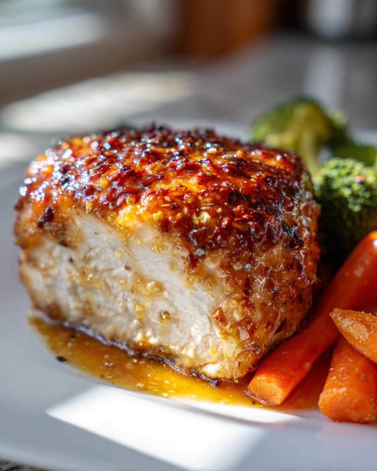 Close-up of a perfectly cooked Honey Mustard Chicken Bake with a thick, glossy glaze, served with steamed carrots and broccoli.