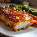 A cross-section of Honey Mustard Chicken Bake with Veggies, showing a juicy white interior and a caramelized, glossy honey mustard glaze.