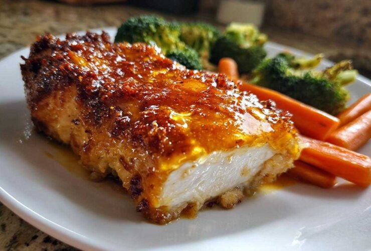 A cross-section of Honey Mustard Chicken Bake with Veggies, showing a juicy white interior and a caramelized, glossy honey mustard glaze.