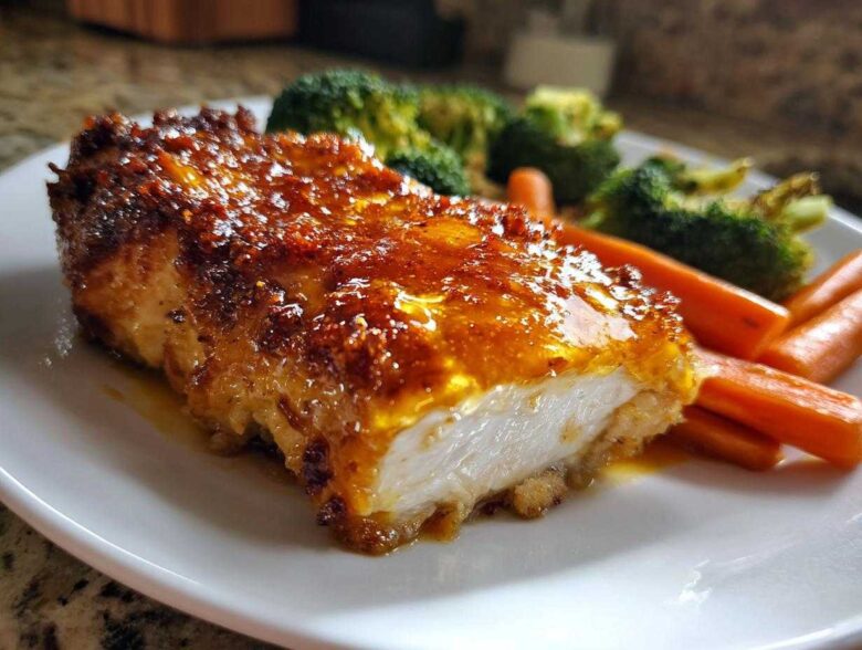 A cross-section of Honey Mustard Chicken Bake with Veggies, showing a juicy white interior and a caramelized, glossy honey mustard glaze.
