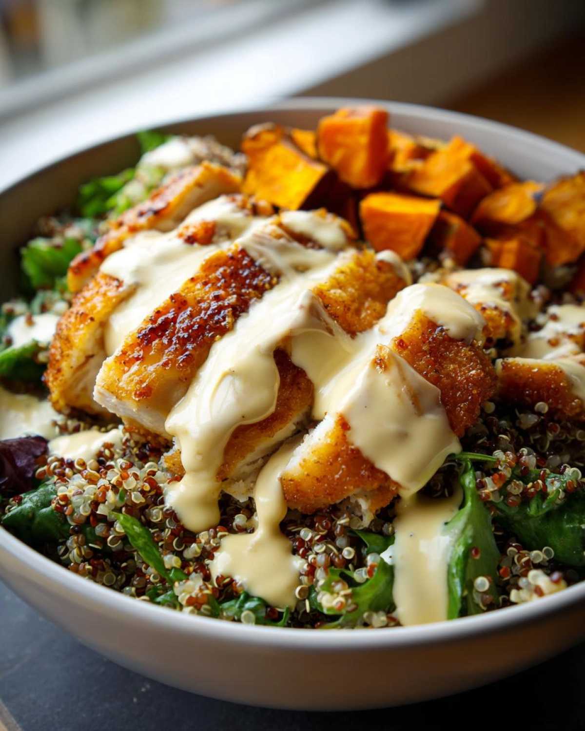 Close-up of a Honey Mustard Chicken Bowl featuring sliced crispy chicken, quinoa, roasted sweet potatoes, and a generous drizzle of creamy sauce.