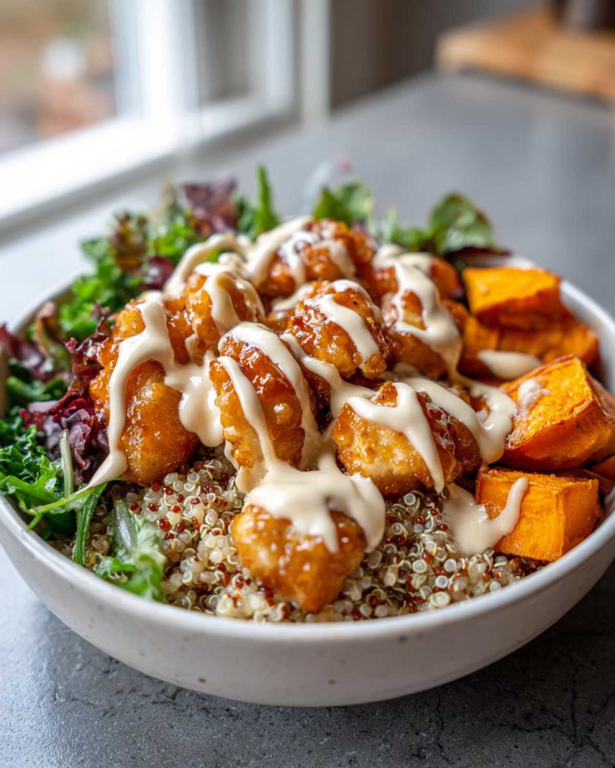 Close-up of a Honey Mustard Chicken Bowl featuring glazed chicken pieces drizzled with creamy sauce over quinoa and roasted sweet potatoes.