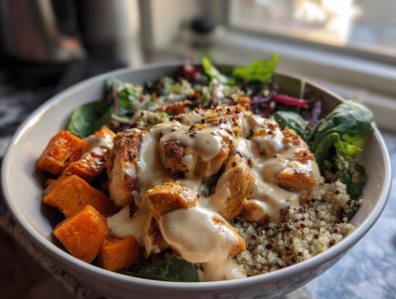 Close-up of a Honey Mustard Chicken Bowl with creamy sauce drizzled over seasoned chicken, sweet potatoes, and quinoa.