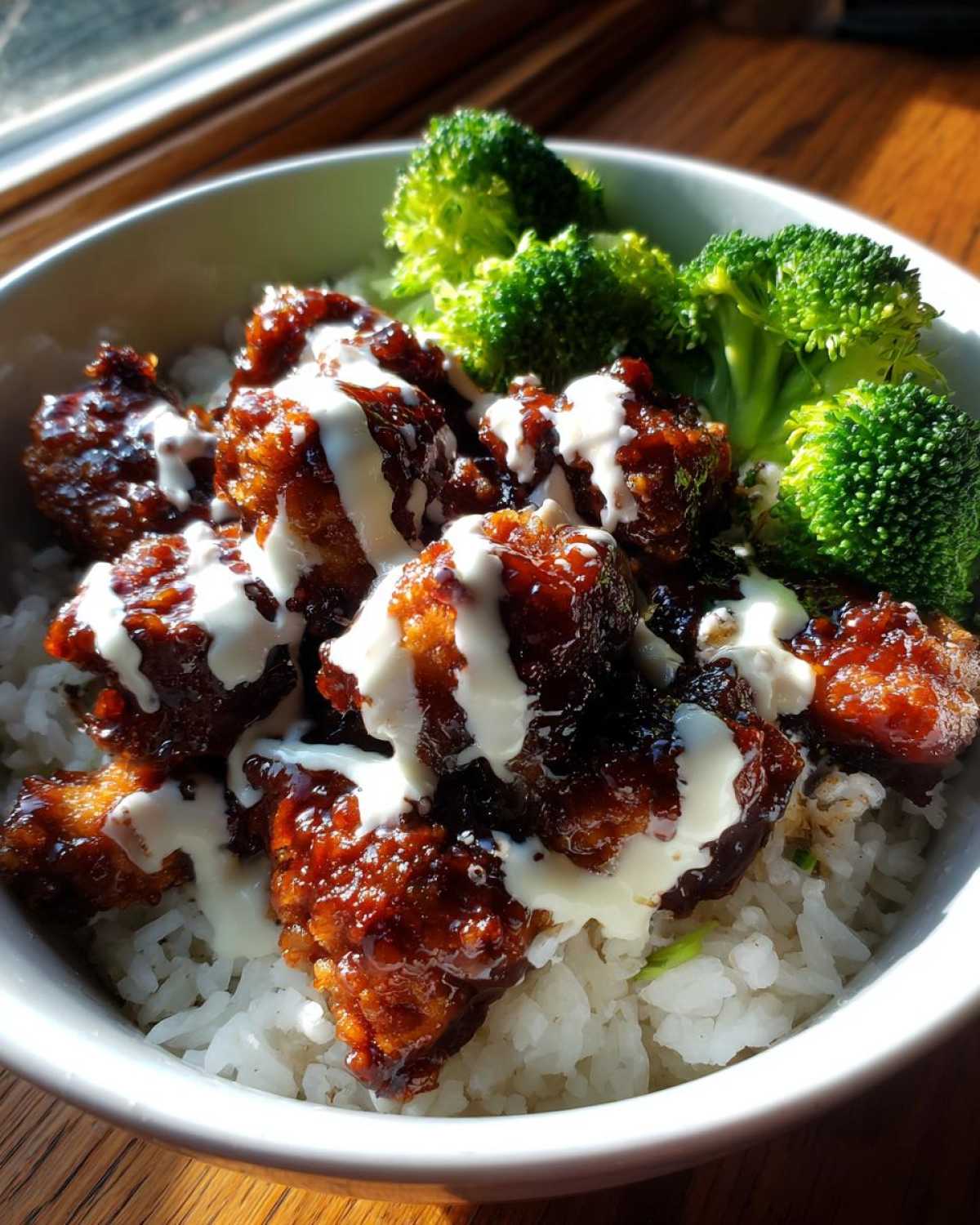 Close-up of a Honey Soy Chicken Bowl with crispy chicken pieces drizzled with white sauce over rice and steamed broccoli.