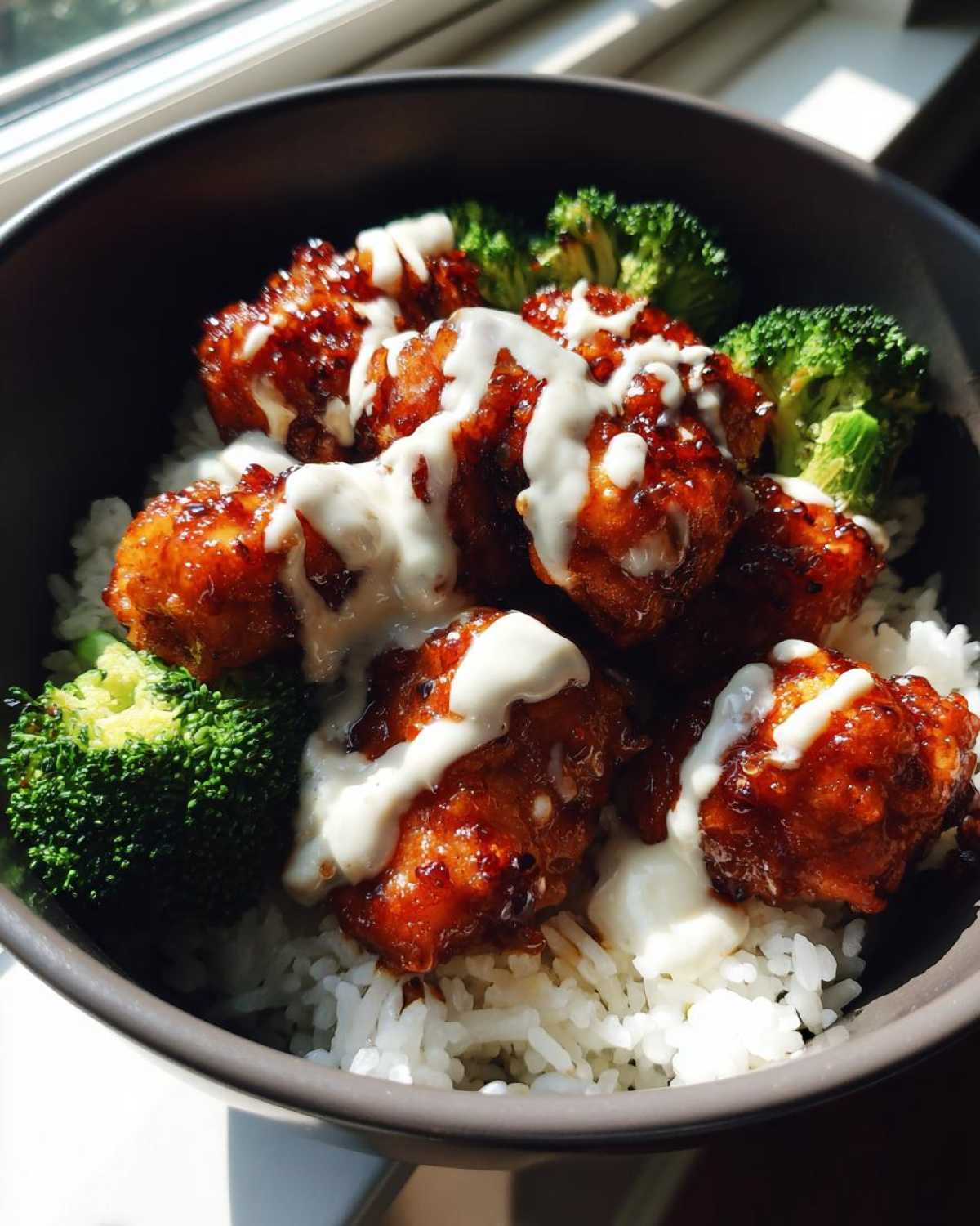 Close-up of a Honey Soy Chicken Bowl with sticky glazed chicken pieces over white rice, broccoli florets, and drizzled with garlic sauce.