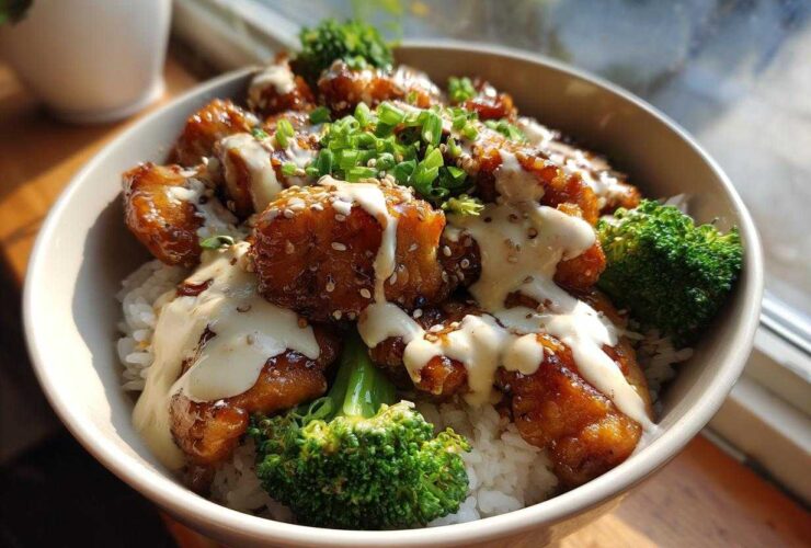 Close-up of a Honey Soy Chicken Bowl with rice, broccoli, sesame seeds, and drizzled garlic sauce.