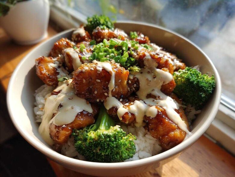 Close-up of a Honey Soy Chicken Bowl with rice, broccoli, sesame seeds, and drizzled garlic sauce.