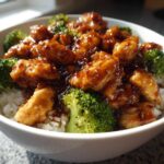 Close-up of a Honey Soy Chicken Bowl Quick Dinner Idea featuring glazed chicken pieces and bright green broccoli over white rice.